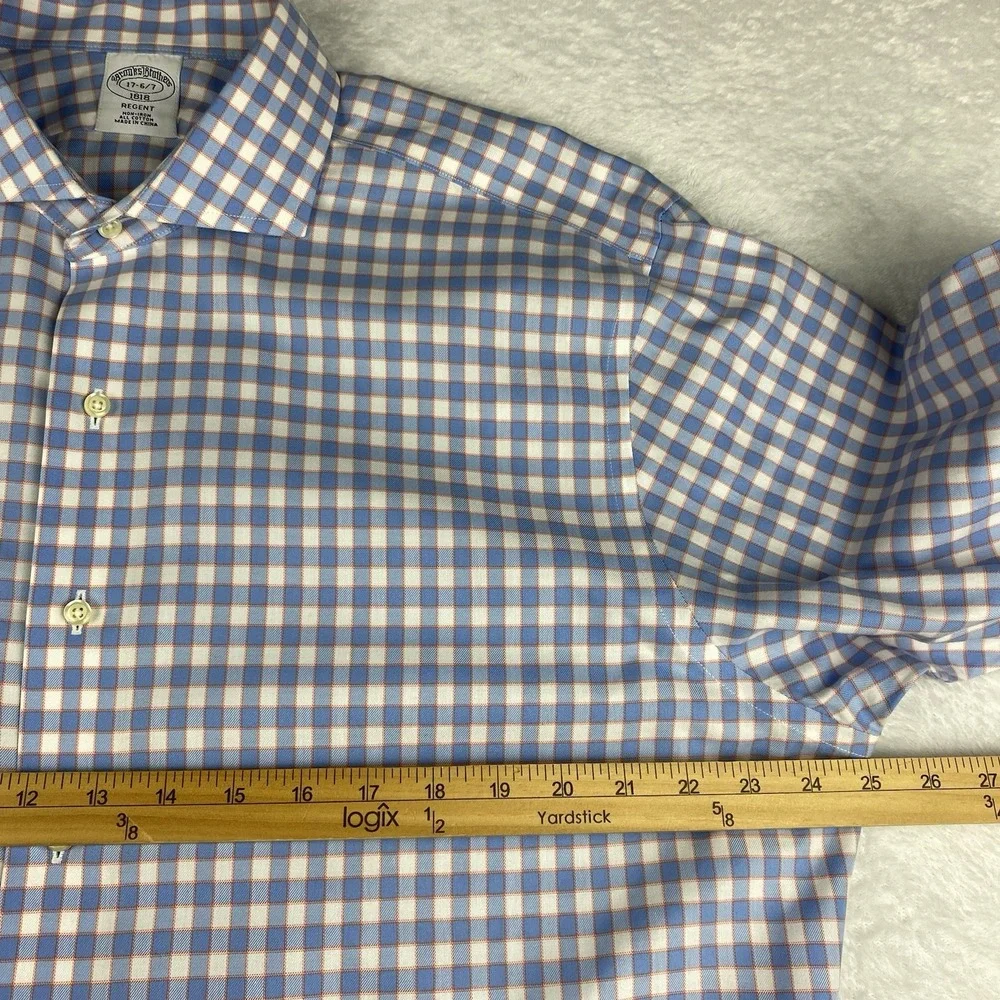 Brooks Brothers Dress Shirt Mens 17-6/7 Blue/White/Orange Checks Regent No Iron
